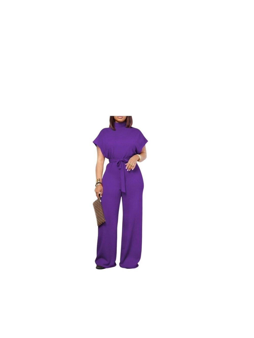 ULOVMI - Medium Purple Mock Neck Wide-Leg Jumpsuit with Waist Tie - Picture 4 of 7